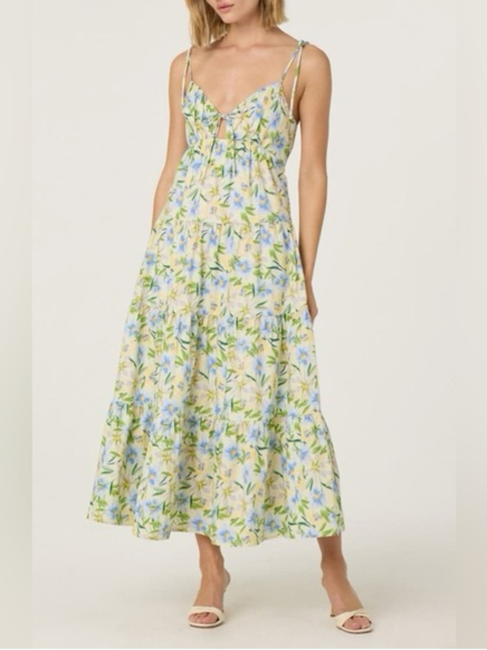 ASTR The Label Cream Blue Floral Tiered Cami Midi Dress | Cottagecore
